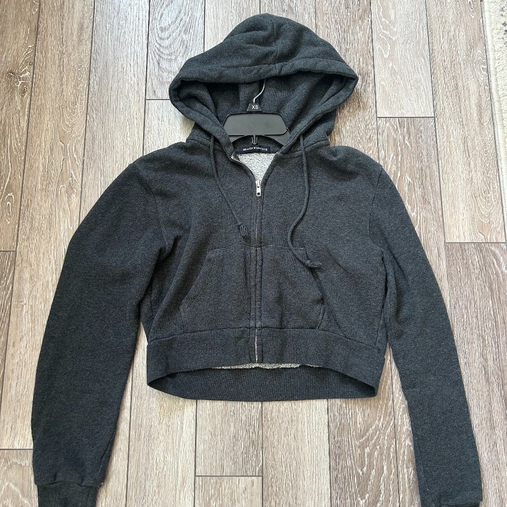 Dark Gray Brand Melville Cropped Zipped Up Hooded Sweatshirt, Small